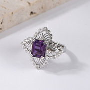 s925银镂空四叶草镶嵌紫水晶，戒指女轻奢，日常通勤花朵活口指环饰品