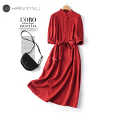 香云纱真丝裙中长款圆领，系带大红色女裙子夏气质，桑蚕丝连衣裙