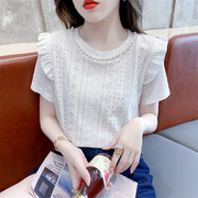 重工钉珠蕾丝短袖T恤女2023年春夏设计感时尚荷叶边白色上衣