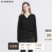 sdeer圣迪奥女装时尚做旧V领罗纹宽松黑色针织衫S22183506