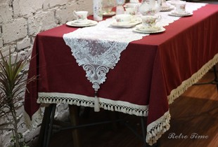 Retro手工法式美式酒红色桌布白色绣花蕾丝桌旗茶几餐桌边柜盖布