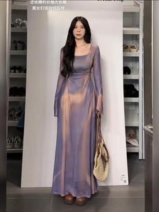 大码法式高级感显瘦紫色，胖mm长袖连衣裙，女欧美气质裙子收腰长裙秋