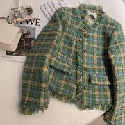 绿色格子小香风短外套女2023春季韩版圆领流苏气质高级感上衣