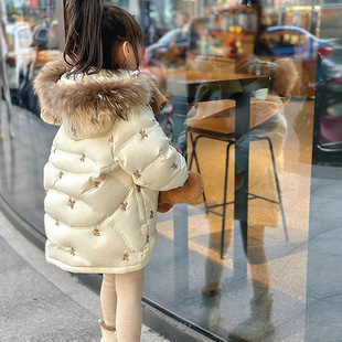 女童刺绣羽绒棉服中长款洋气冬季大毛领加厚儿童冬装外套2023