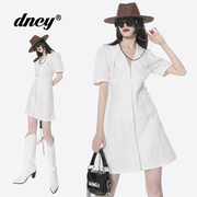 dncy白色连衣裙夏季泡泡袖polo领简约气质，职场高腰a字短裙女