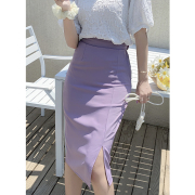 实价2024夏款法式浪漫纯色开衩松紧腰西装职业紫色半身裙