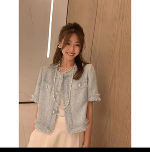 2023春夏蓝色小香风短袖，薄款粗花呢百搭气质洋气上衣外套女