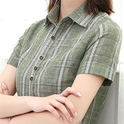 棉麻格子衬衫女2023年中年上衣妈妈女士衬衣复古港风夏季短袖