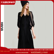 HAVVA2024春季黑色丝绒连衣裙女中长款设计感法式裙子Q9524