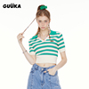guuka糖果绿色条纹短袖，polo衫女夏季潮牌嘻哈短款针织衫修身显瘦