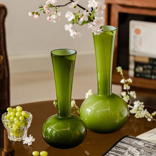 掬涵中古绿高级感长颈琉璃花瓶摆件仿真花客厅插花法式家居装饰