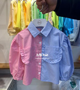 韩国进口童装秋装男童女童拼接格子衬衫衬衣