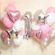 银色主题宝宝生日周岁派对气球，装饰粉色甜美布置铝膜乳胶气球套餐