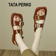 TATA PERKO联名女鞋复古棕色真皮厚底上班凉鞋女夏季罗马鞋女平底