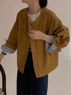 卡其色麂皮绒夹克女短款2024春季韩版复古休闲时尚设计感外套