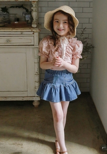 韩国进口puell女童3-8岁夏薄纯棉蕾丝V领淑女休闲短袖T恤牛仔裙裤