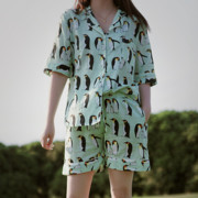 出口欧美 文艺风夏季小众系列短袖纯棉宽松睡衣动物套装家居服