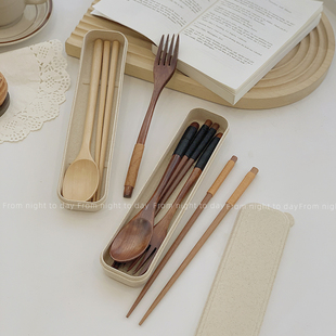 日式木筷子勺子餐具三件套装，叉子收纳盒家用上班族学生单人装便携
