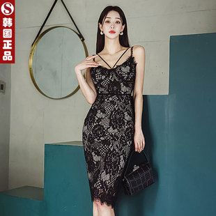 韩国定制晚礼服女晚装修身性感低胸蕾丝吊带裙高端连衣裙奢华大牌