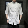 中国风冰丝短袖衬衫男士，中式唐装衬衣禅茶复古风汉服盘扣立领上衣