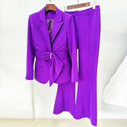 2024法式设计感系腰带，修身西装紫色黑色，微喇长裤两件套女