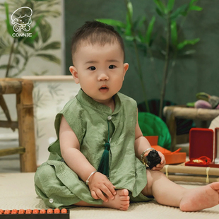 周岁礼服男宝中式婴儿唐装，百岁宴中国风，真丝绿色套装抓周衣服夏季