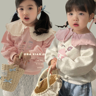 2024女童花边娃娃领甜美可爱韩版休闲宽松卫衣女宝宝上衣