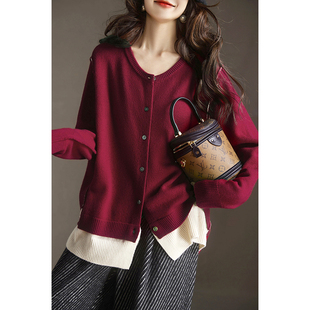 素木假两件红色毛衣，2023年秋冬欧洲站纯羊毛，针织开衫大码女装