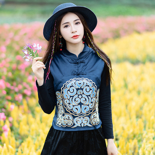 民族风短外套女2024春秋冬季中式复古刺绣绸缎马甲中国风女装
