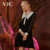 VJC/威杰思女装秋冬连衣裙修身气质减龄灯笼袖钉珠复古