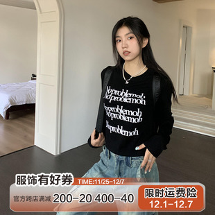 橘子树在哪儿美式字母印花短款长袖T恤女春秋修身显瘦内搭打底衫