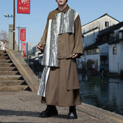 新中式春季衬衫男中国风套装复古不规则拼接裙裤西裤长裤大码宽松