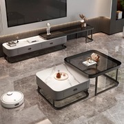 岩板茶几客厅家用轻奢现代简约方形玻璃小户型，茶几桌电视柜