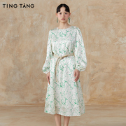 厅唐连衣裙女新中式大理石纹印花设计透明斑块温柔典雅层次感长裙