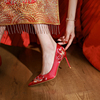 lusen婚鞋秀禾婚纱两穿新娘，鞋不累脚中式红色缎面刺绣高跟鞋复古