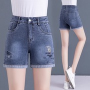 刺绣牛仔短裤女夏季2024韩版高腰外穿薄款弹力显瘦直筒热裤子