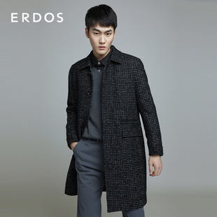 ERDOS 男装羊毛混纺大衣早秋黑色单排扣中长款毛呢外套时尚潮流