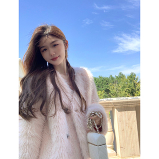 小香风粉色毛毛外套，女2023秋冬环保皮草，大衣毛茸茸韩系高级感上衣