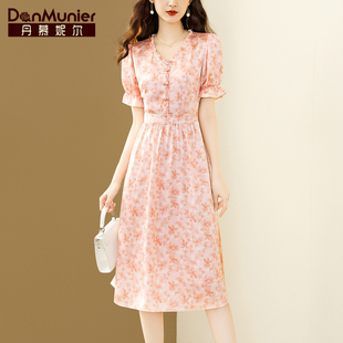 丹慕妮尔粉色法式v领印花连衣裙女夏气质收腰雪纺中长裙
