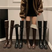 冬季真皮过膝长靴女高筒，皮带扣加绒保暖厚毛靴子，棕色显瘦平底女靴