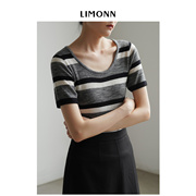 LIMONN 舒适随性法式低圆领撞色灰白条纹短袖t恤针织衫女夏季薄款