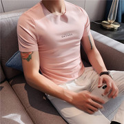 高端无痕短袖t恤男英伦冰丝，夏季薄款韩版修身青年内搭粉色体恤衫