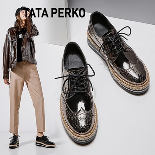 TATA PERKO联名系带英伦风松糕鞋女布洛克厚底小皮鞋复古单鞋