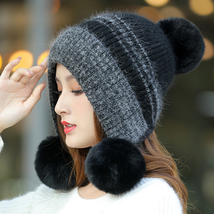 冬天针织帽子女士秋冬季韩版可爱百搭保暖时尚贝雷堆堆帽兔毛线帽