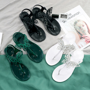 2024塑料凉鞋女夏平底夹趾糖果色塑胶，平跟花朵女鞋果冻沙滩鞋
