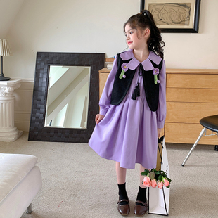 栀了成长记童装女童紫色花瓣领连衣裙秋装儿童小香风马甲裙子