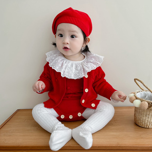 韩版婴儿衣服秋装女宝宝，百天周岁礼服秋冬纯棉，毛衣连体衣外套套装
