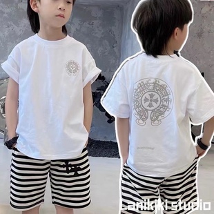 男童马蹄十字架夏季字母印花休闲短袖t恤韩版半袖，百搭上衣潮