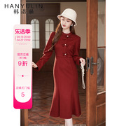 新中式红色气质连衣裙2024女春季高级感收腰显瘦新年长袖裙子
