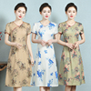 夏季低领旗袍中国风改良短袖连衣裙中长款仿丝绸中年女妈妈装